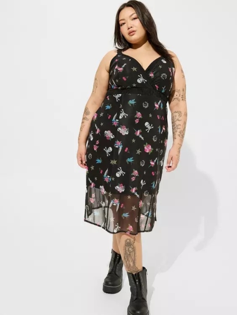 torrid Black V-Neck Top with Skull, Cherry & Star Print